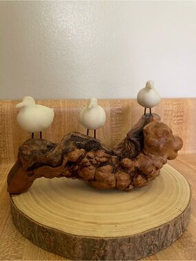 Woodland Driftwood Sculpture with Cream Bird Accents by John Perry